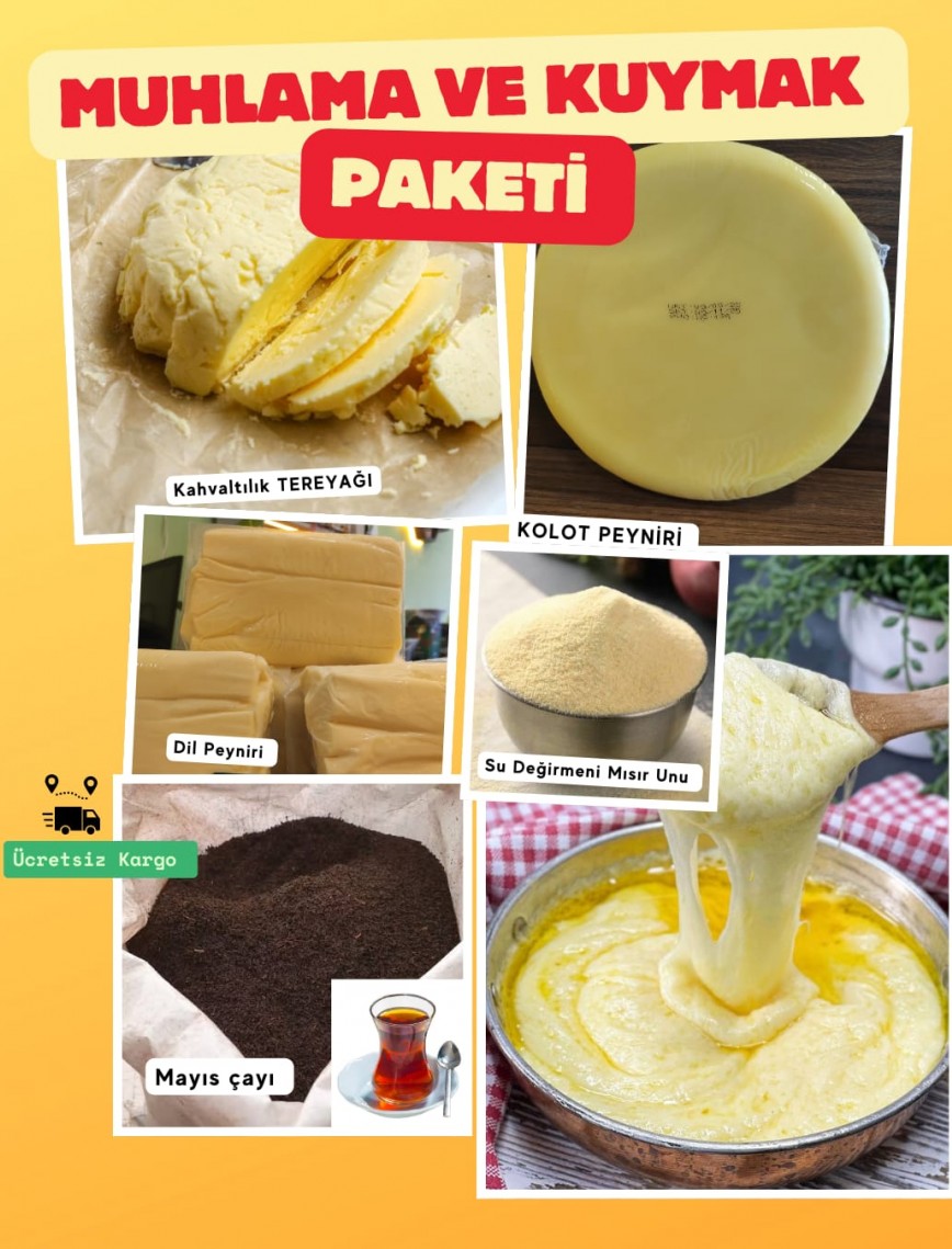 Karadeniz usulü muhlama yapmak için tereyağı, kolot peyniri, dil peyniri, mısır unu ve Mayıs çayından oluşan kuymak paketi